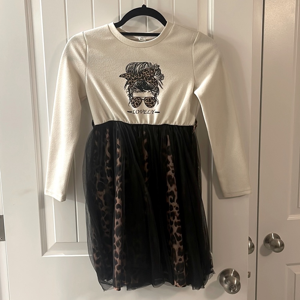 Girls, white and leopard dress with black tulle skirt size 10 shein